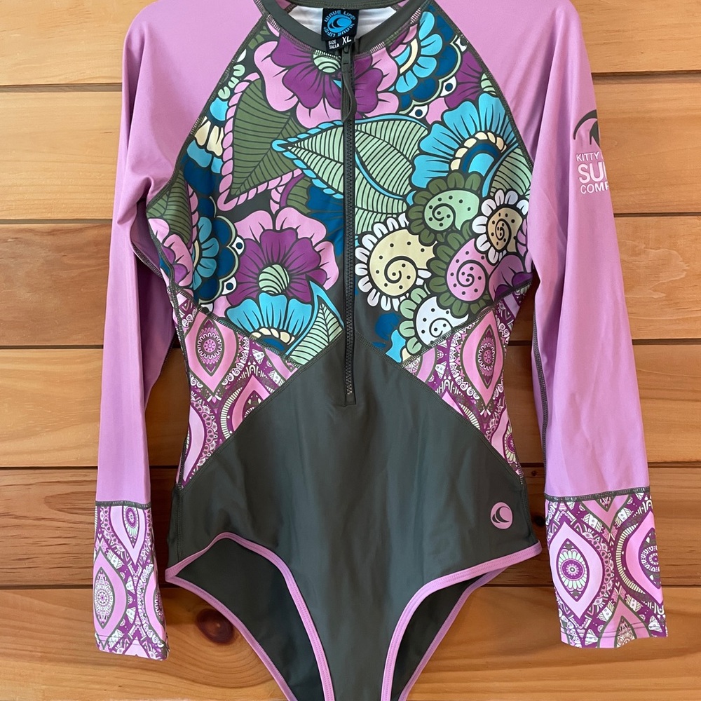 Pink and Purple Long Sleeve One Piece Swimsuit